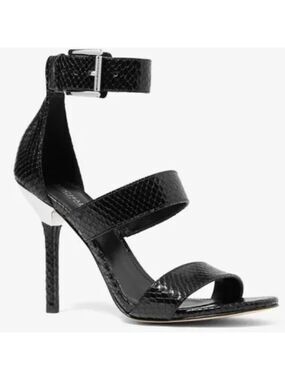Michael Kors Leather Snakeskin Sandals Embossed Black  Heels Amal Sz 9 $185 NIB